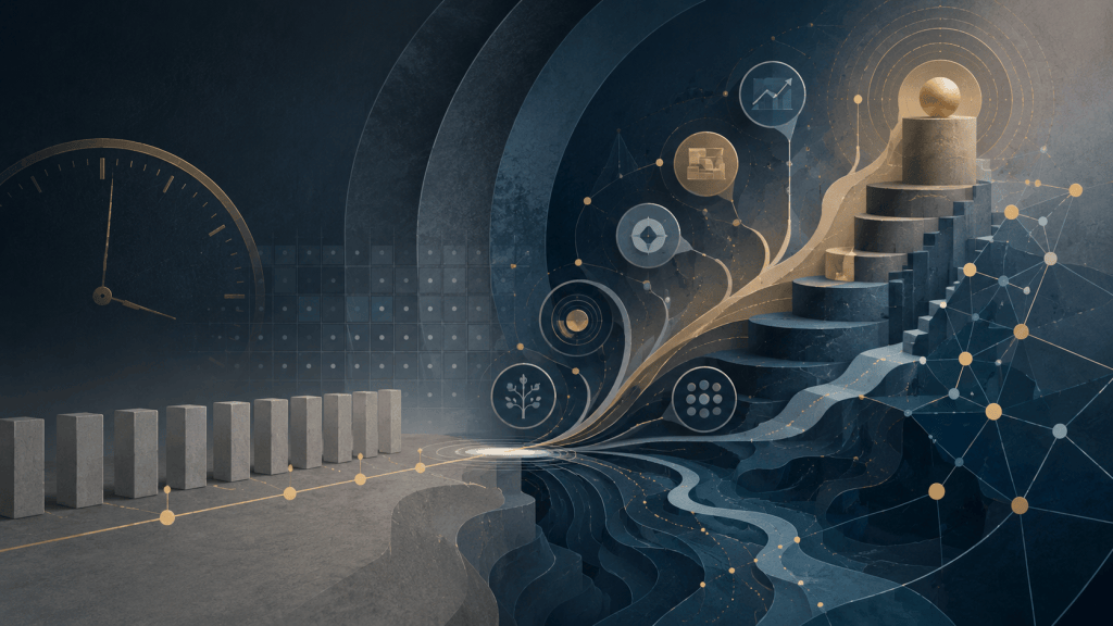 Abstract layered forms representing institutional strategy, readiness, and continuity