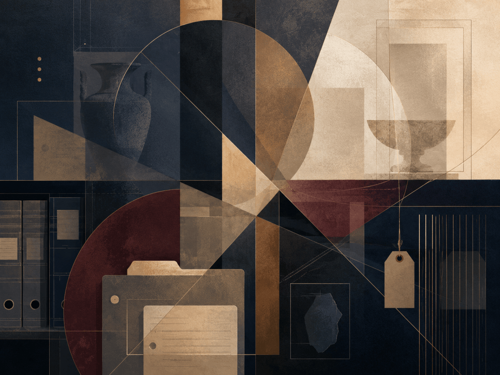 Abstract layered archive forms representing institutional knowledge and continuity