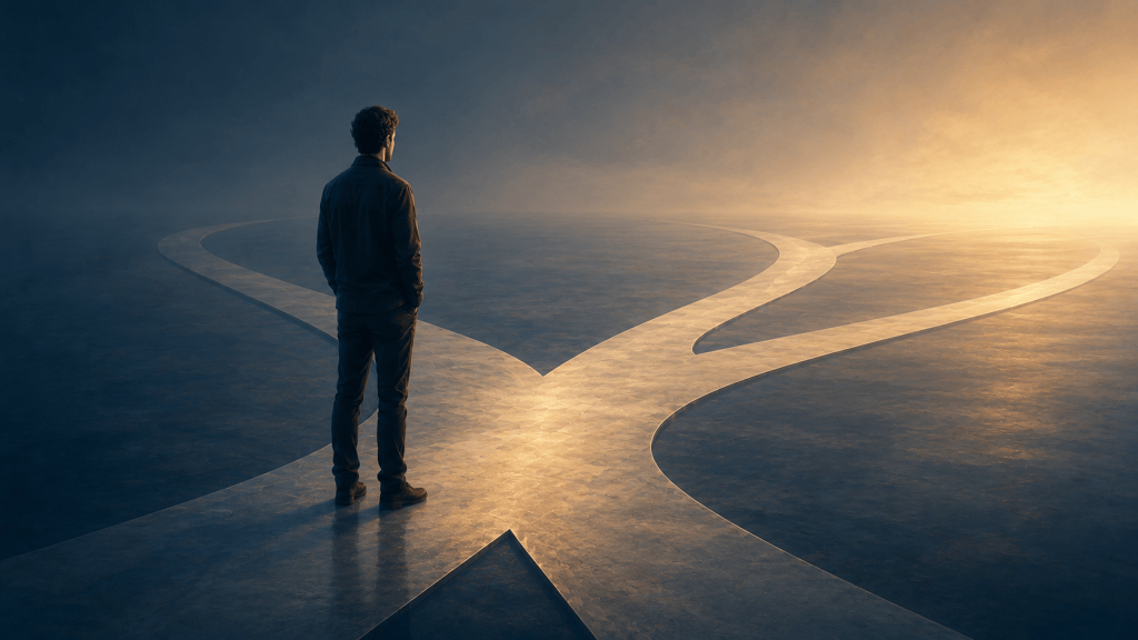 A professional standing at the beginning of several branching pathways leading toward a warm horizon, representing different advisory engagement options.