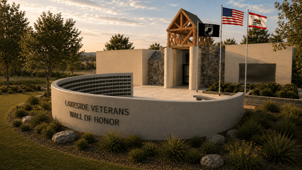 Interpretive concept rendering of the proposed Lakeside Veterans Wall of Honor, showing the curved memorial wall, community building, landscaping, and flags.