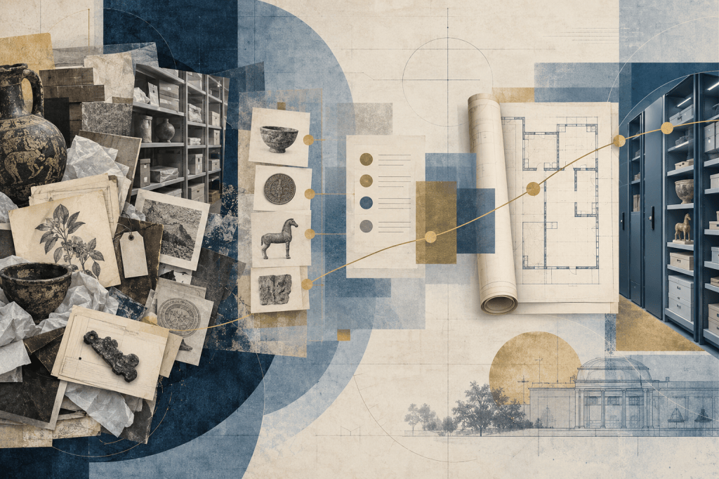 Abstract collections, records, storage, and architectural plans connected by a gold pathway representing assessment, prioritization, and phased collections planning.