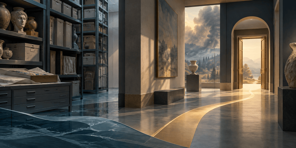 Illustrated museum storage and gallery with floodwater, a smoky sky, and a lit route toward an open doorway.